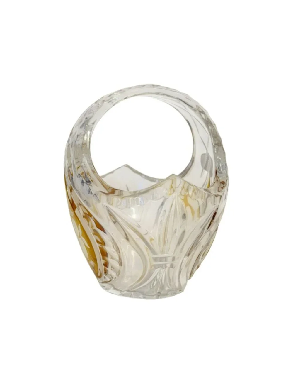 Vintage Julia Lead Crystal Basket Amber Etched Floral Made in Poland